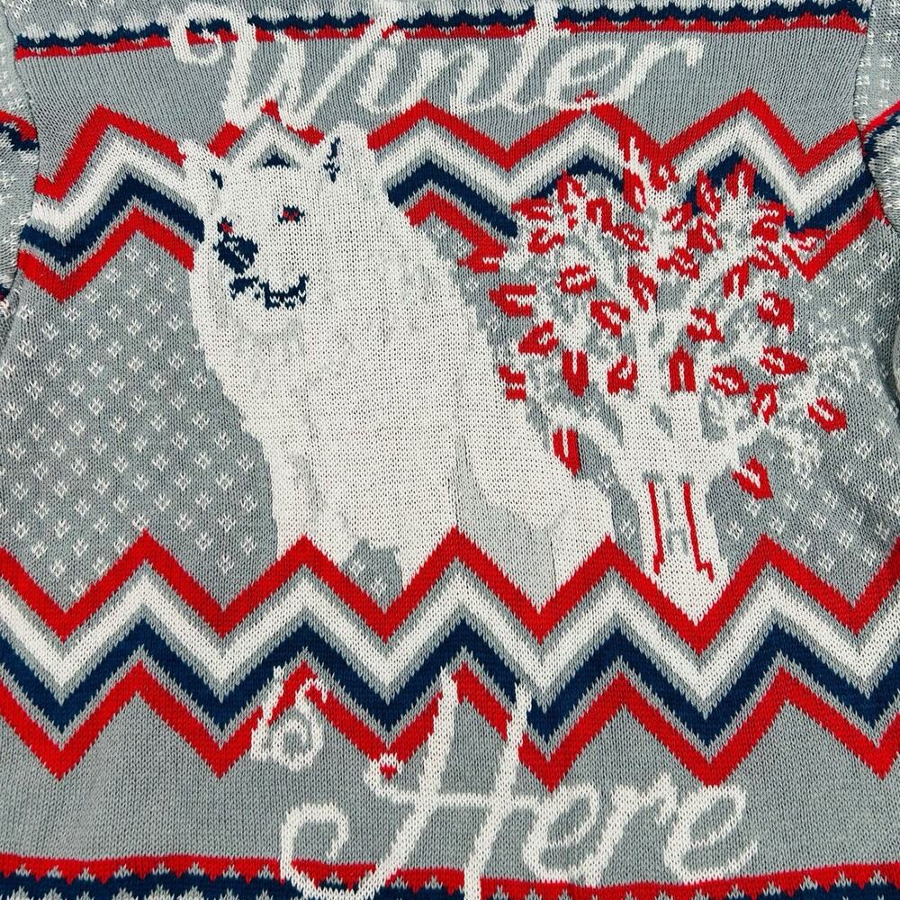 HBO GAMES OF THRONES Winter is Here Graphics Sweater Wolf Knit Gray Blue Red L - Picture 2 of 14